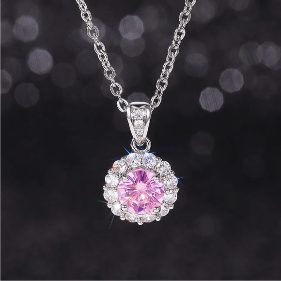 New Gorgeous Sterling Silver Pink & White Sapphires Necklace - Picture 1 of 9